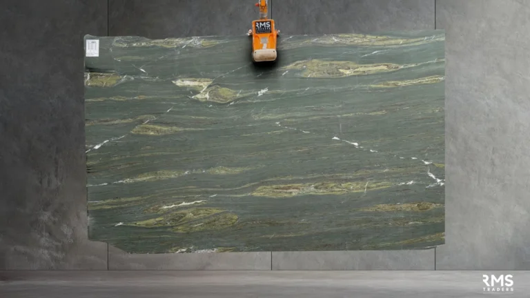 Oasis Marble Slab from RMS-Traders, featuring a stunning interplay of cool white and soft grey waves with subtle crystalline accents, perfect for high-end feature walls and stone benchtops.